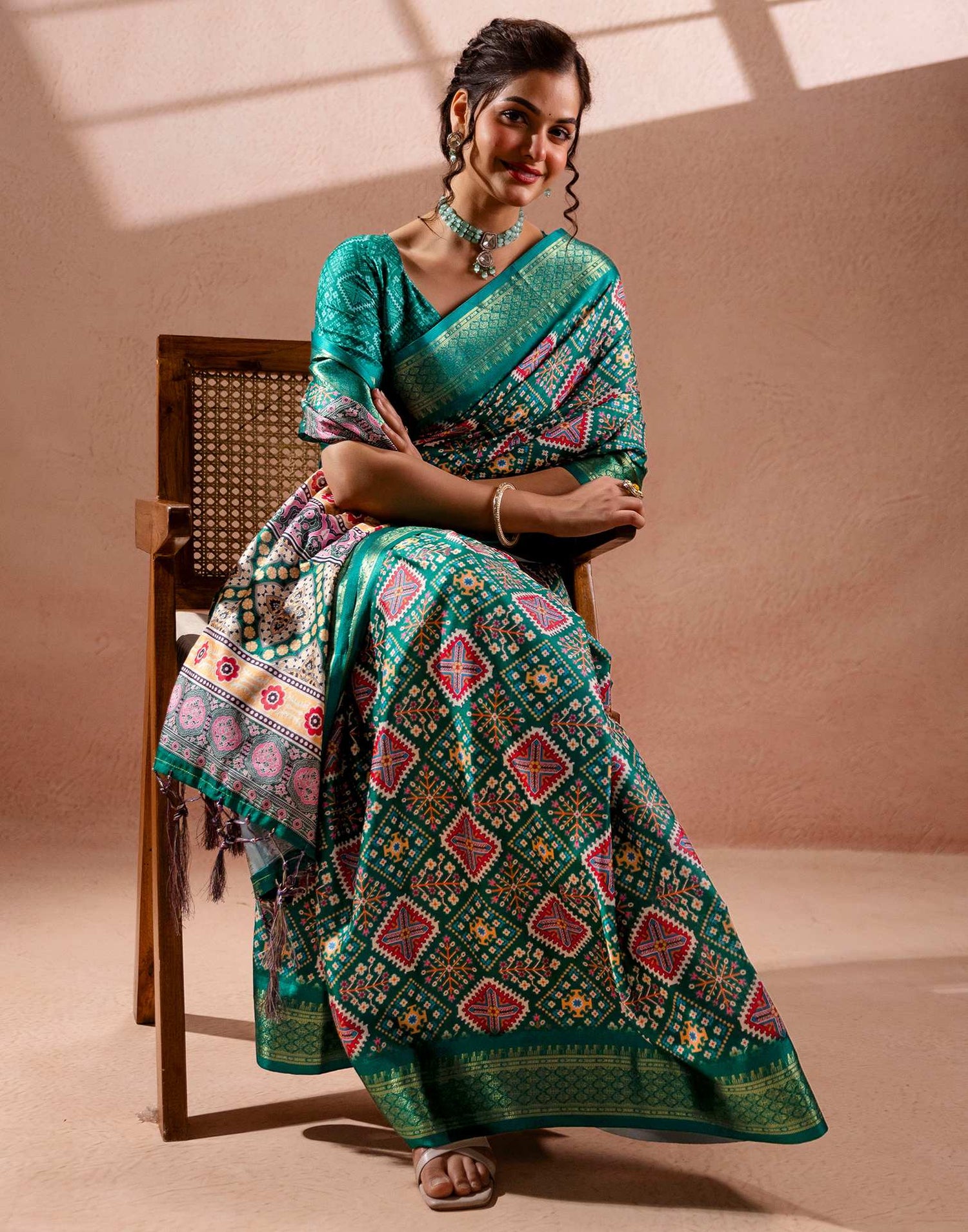 Teal Green Silk Printed Woven Border Saree