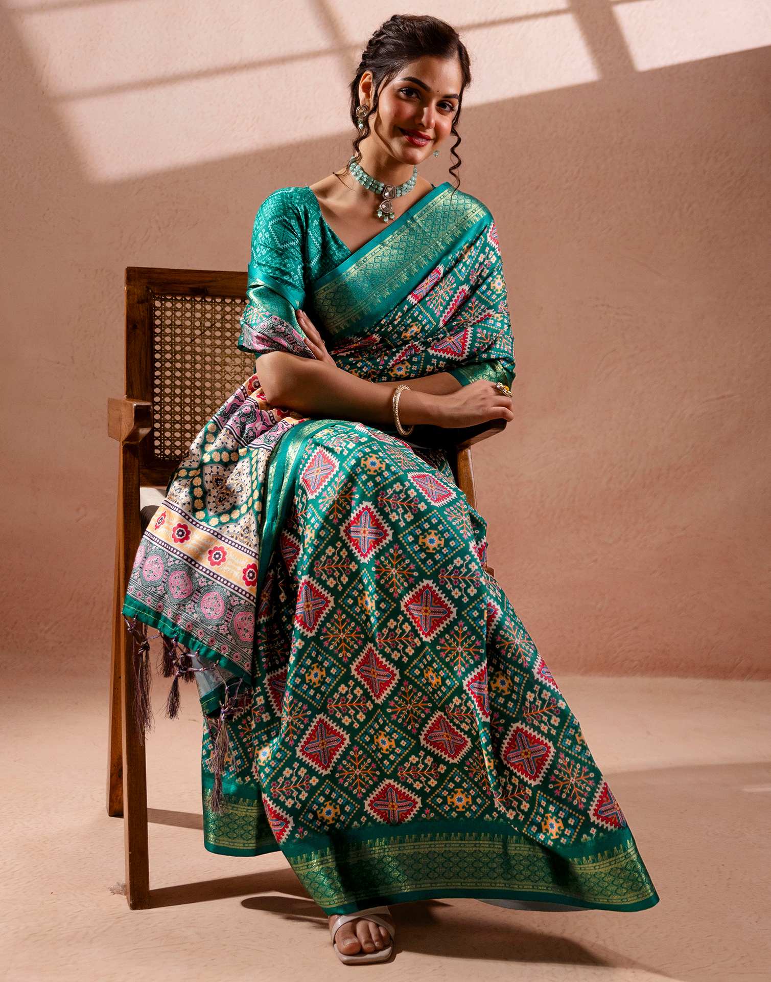 Teal Green Silk Printed Woven Border Saree