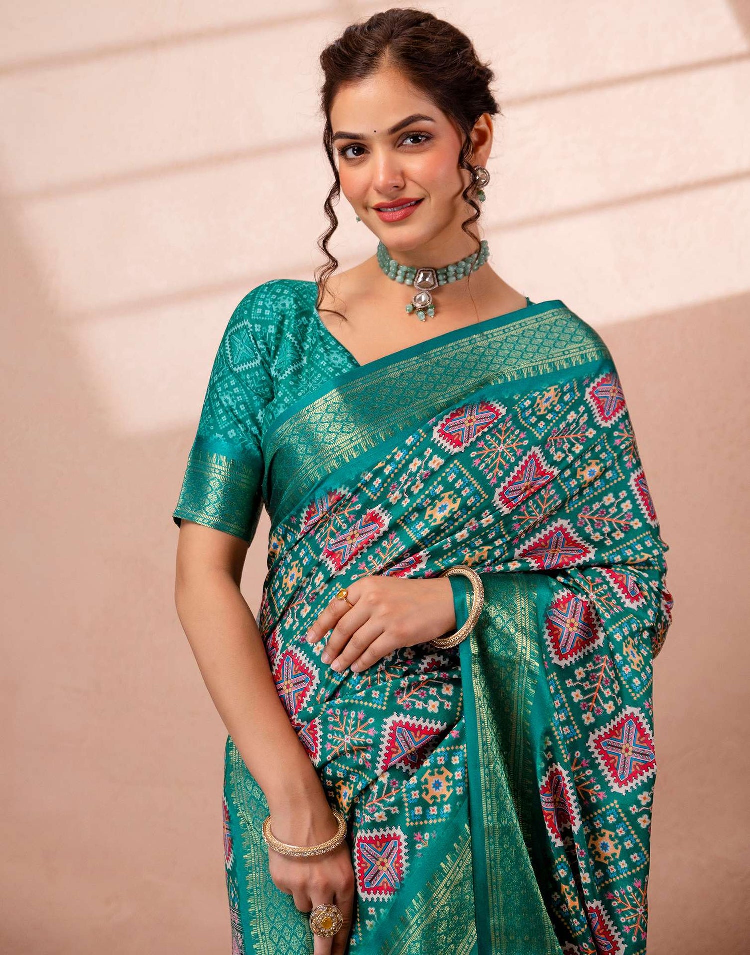 Teal Green Silk Printed Woven Border Saree