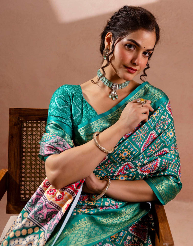 Teal Green Silk Printed Woven Border Saree