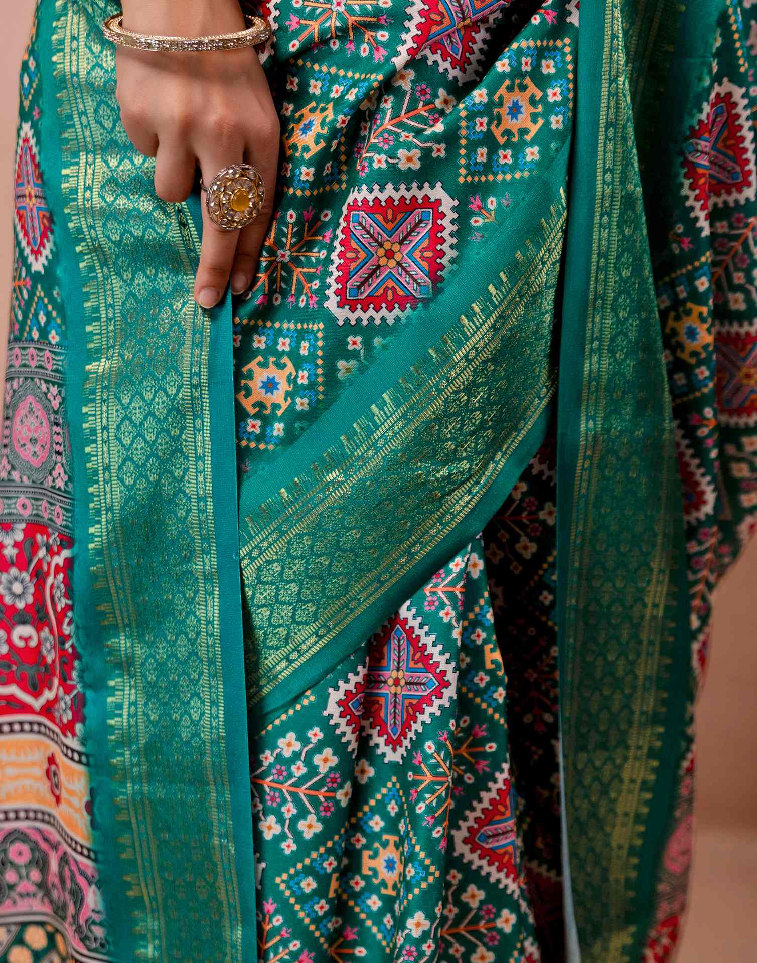 Teal Green Silk Printed Woven Border Saree