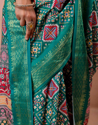 Teal Green Silk Printed Woven Border Saree