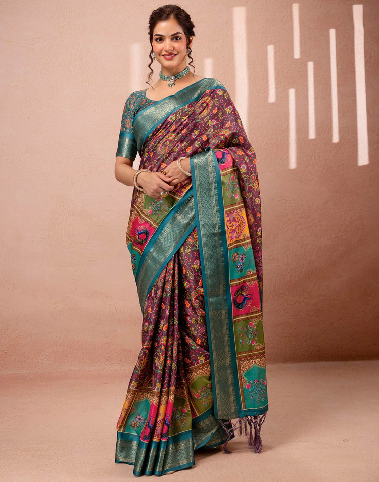 Brown Silk Kalamkari Printed Woven Border Saree