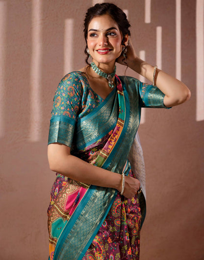 Brown Silk Kalamkari Printed Woven Border Saree