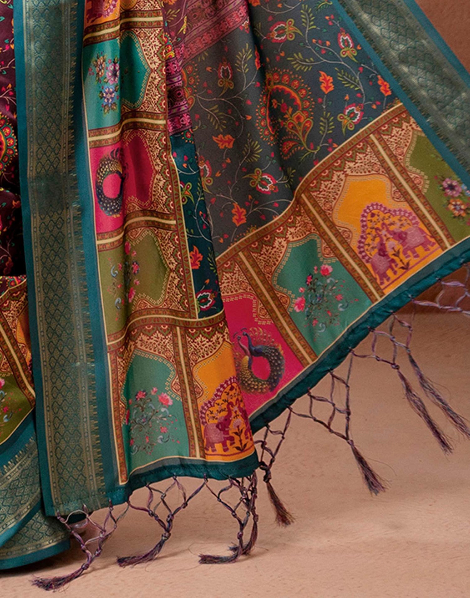 Brown Silk Kalamkari Printed Woven Border Saree