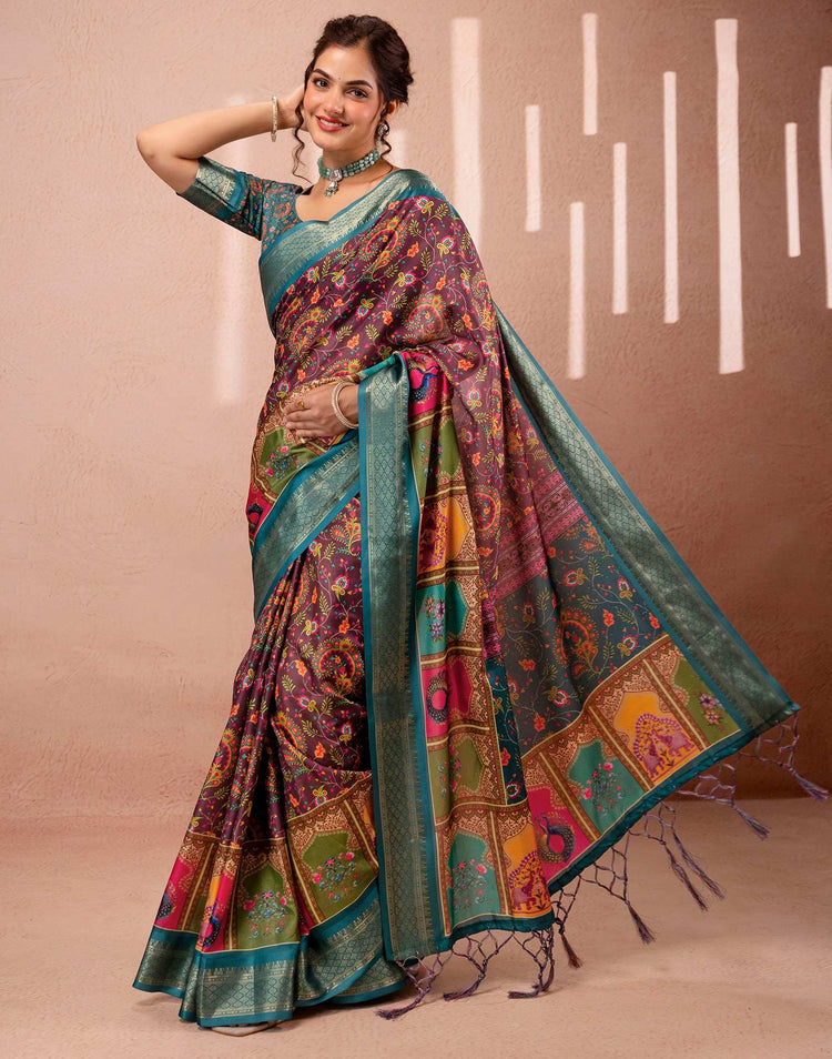 Brown Silk Kalamkari Printed Woven Border Saree