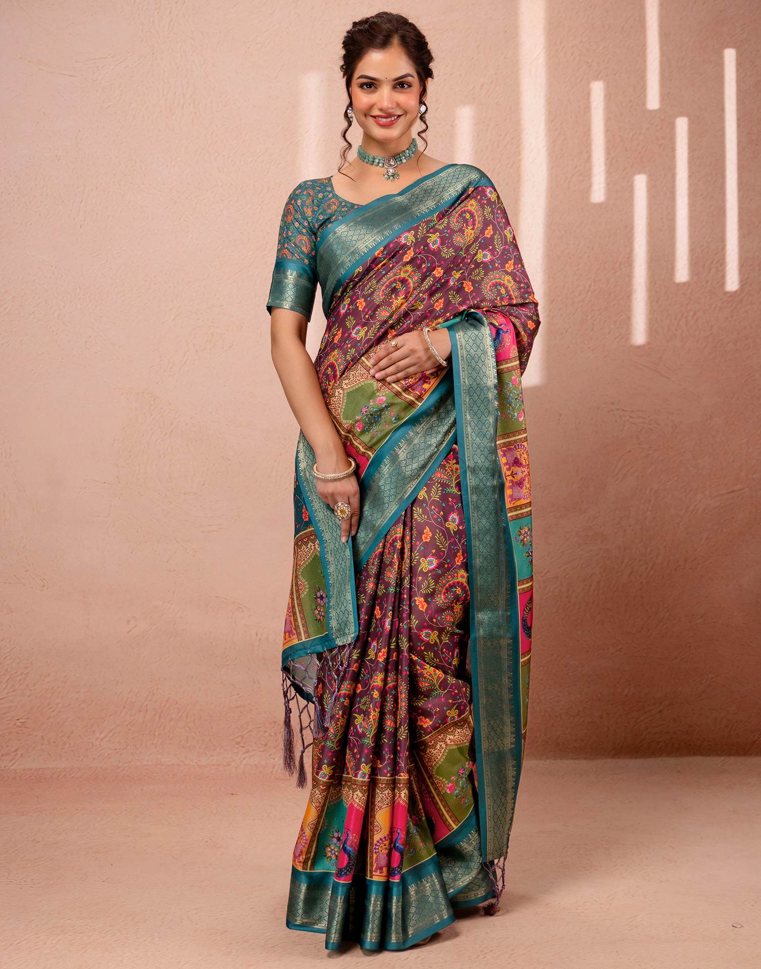 Brown Silk Kalamkari Printed Woven Border Saree