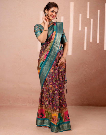 Brown Silk Kalamkari Printed Woven Border Saree