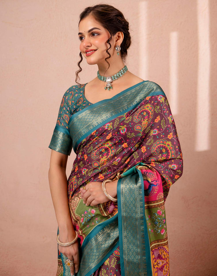 Brown Silk Kalamkari Printed Woven Border Saree