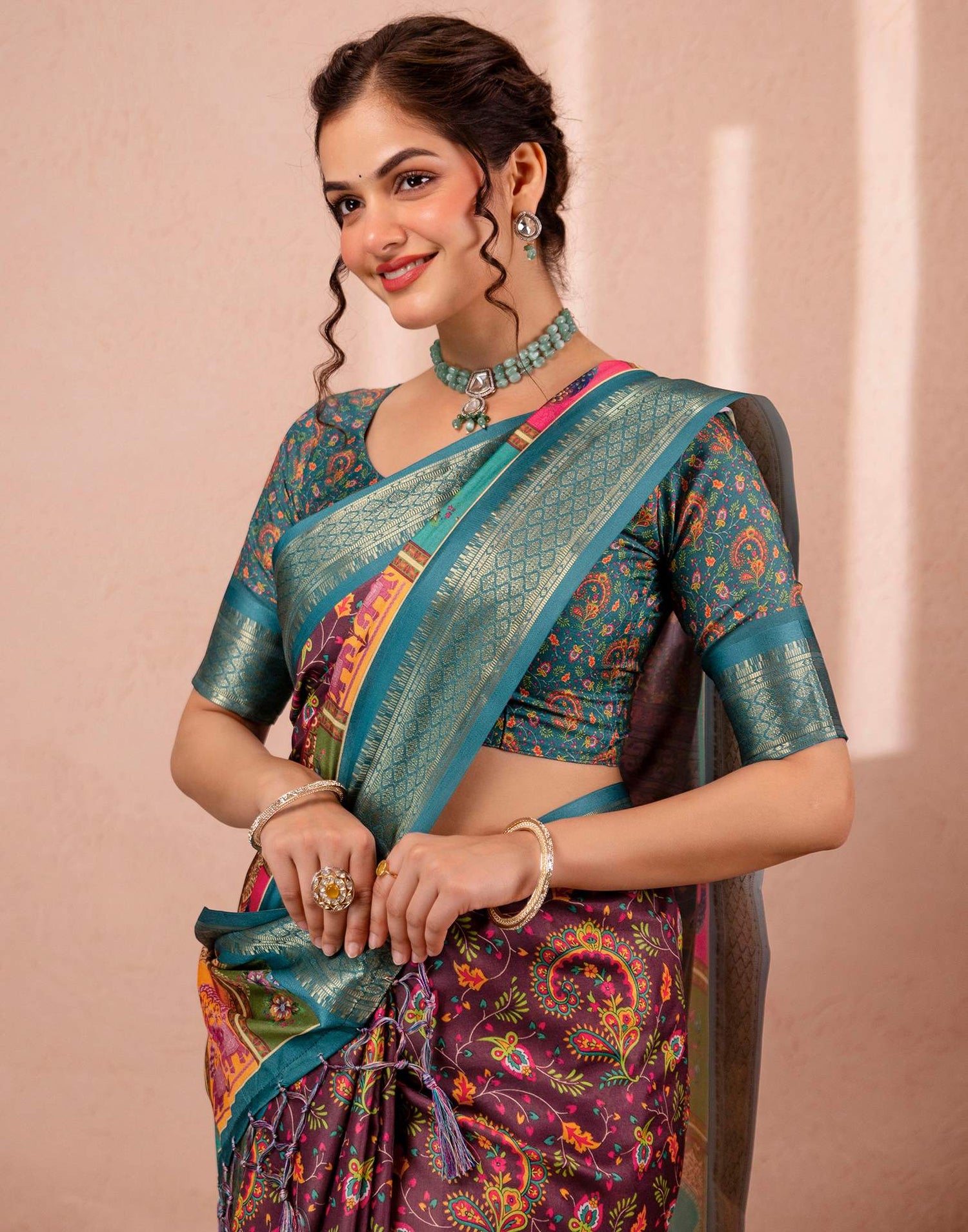 Brown Silk Kalamkari Printed Woven Border Saree