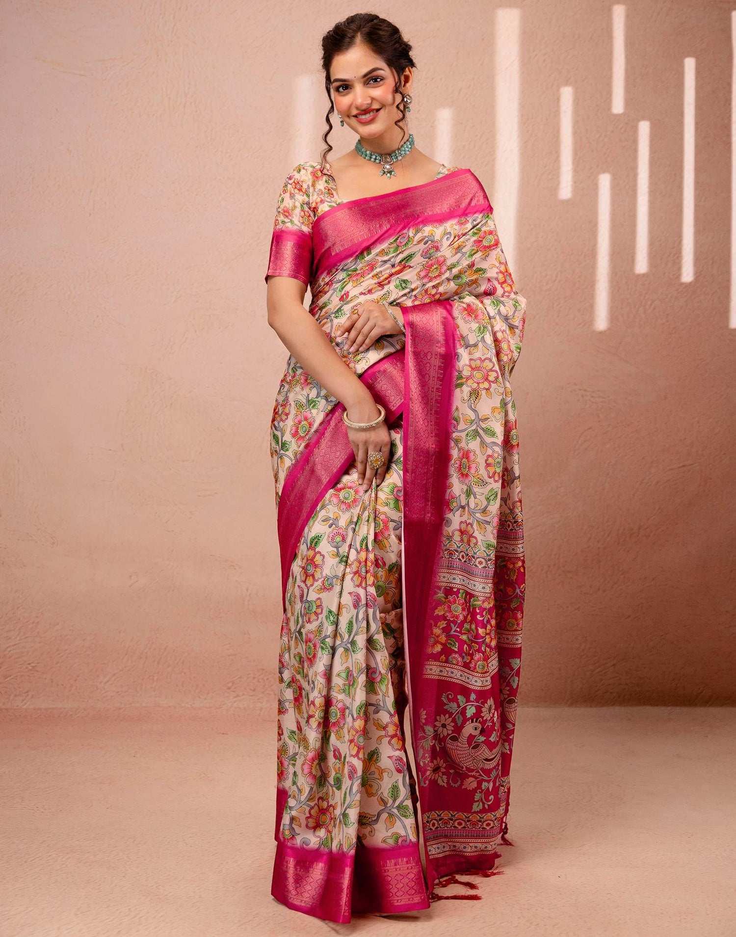 Beige Silk Kalamkari Printed Woven Border Saree
