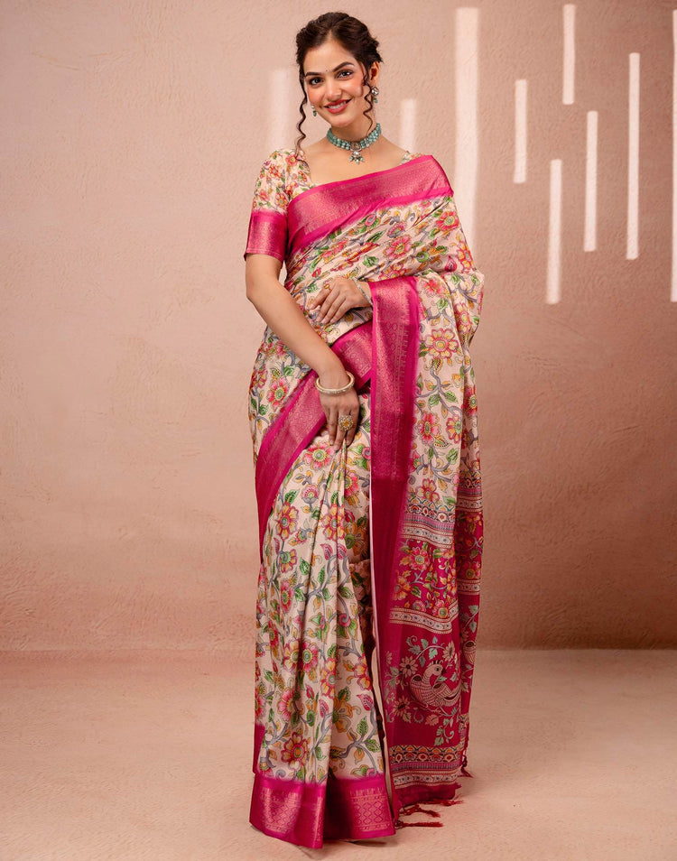 Beige Silk Kalamkari Printed Woven Border Saree
