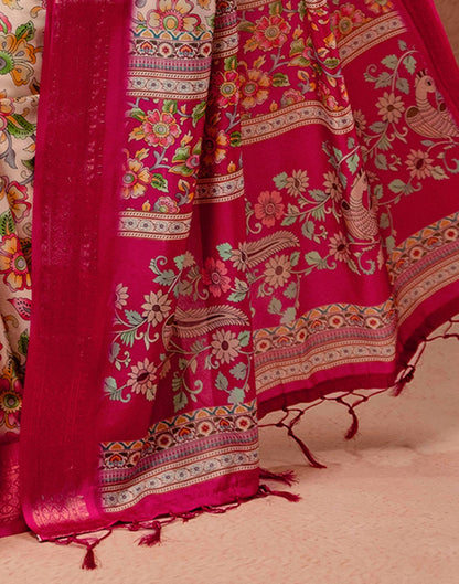 Beige Silk Kalamkari Printed Woven Border Saree