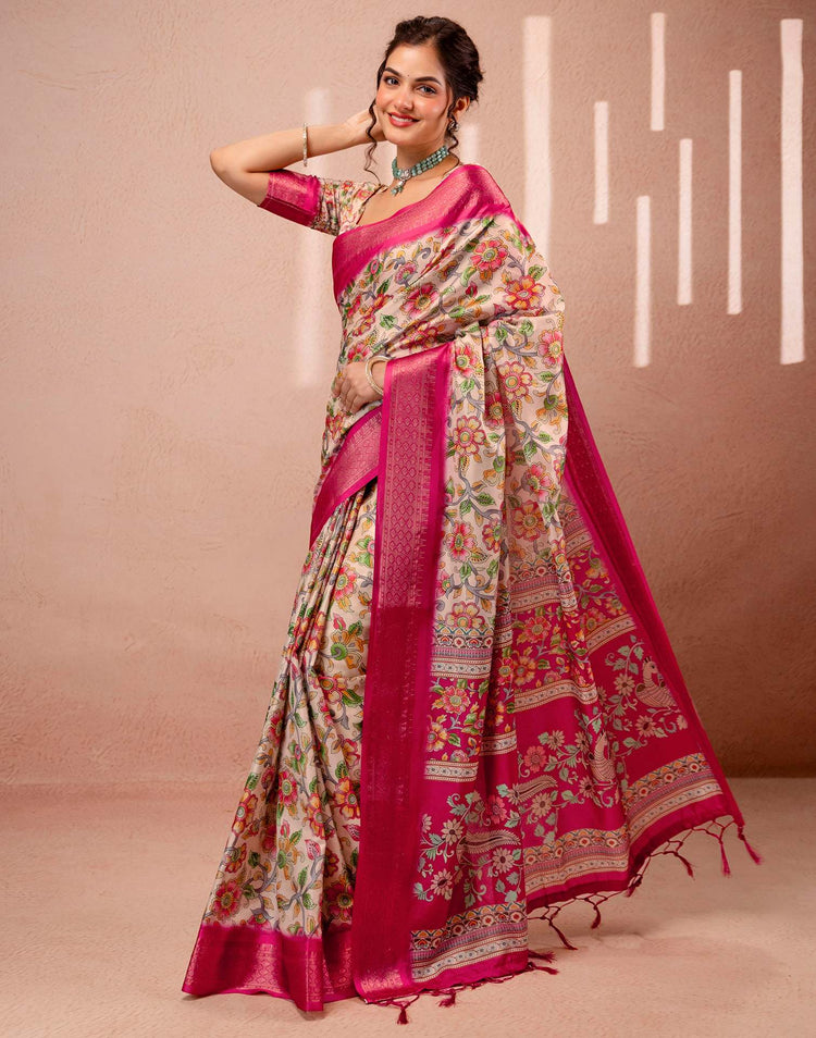 Beige Silk Kalamkari Printed Woven Border Saree