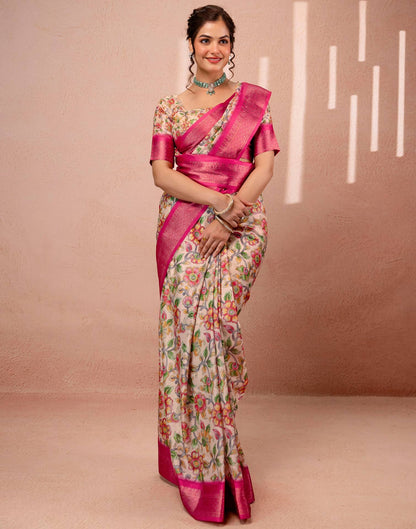 Beige Silk Kalamkari Printed Woven Border Saree