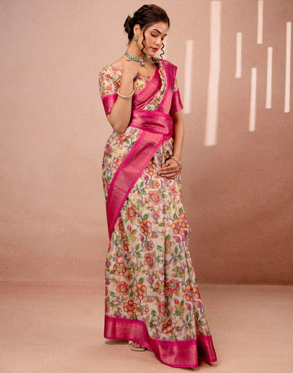 Beige Silk Kalamkari Printed Woven Border Saree