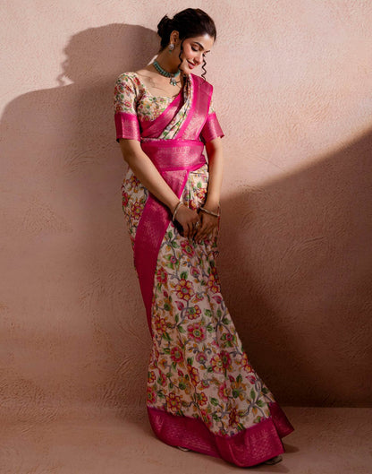 Beige Silk Kalamkari Printed Woven Border Saree