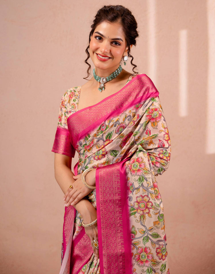 Beige Silk Kalamkari Printed Woven Border Saree
