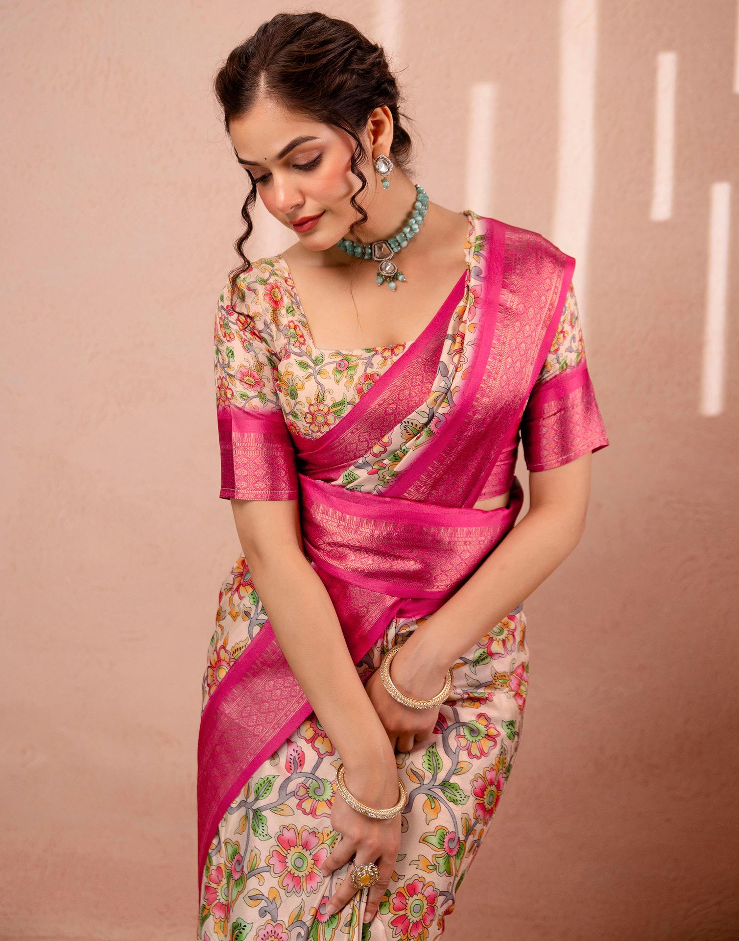 Beige Silk Kalamkari Printed Woven Border Saree