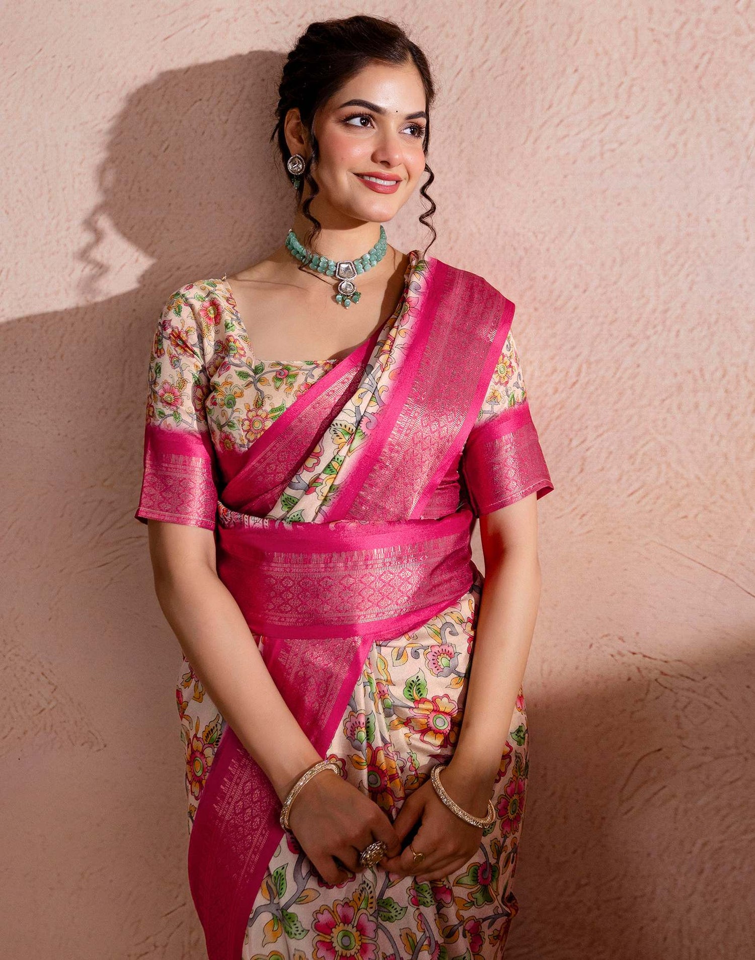 Beige Silk Kalamkari Printed Woven Border Saree