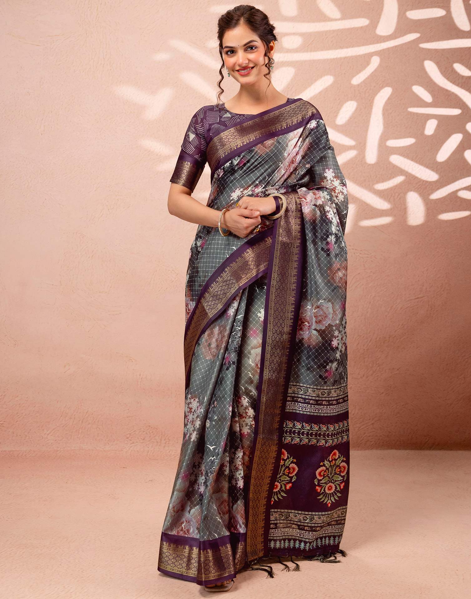 Dark Grey Silk Printed Woven Border Saree