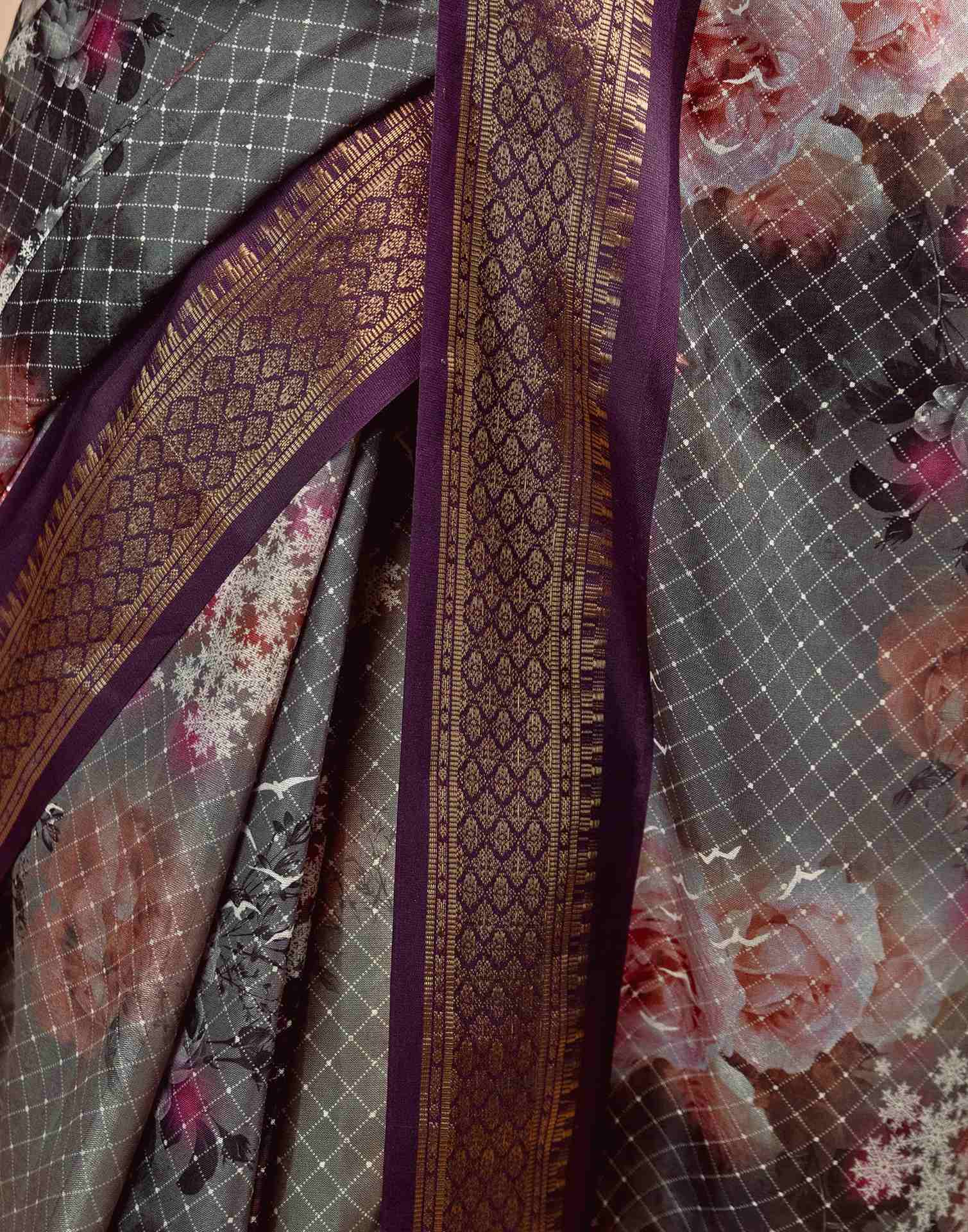 Dark Grey Silk Printed Woven Border Saree