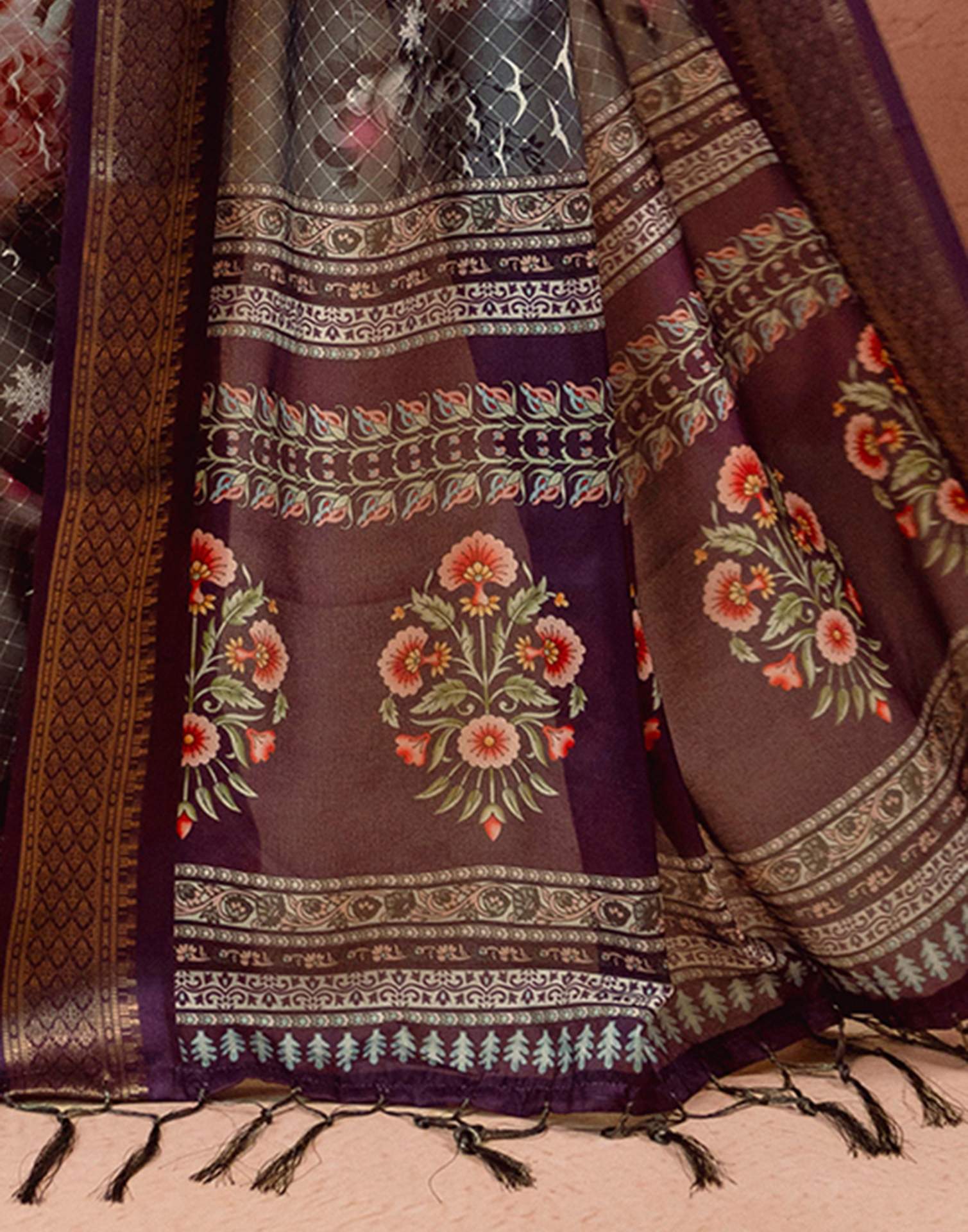 Dark Grey Silk Printed Woven Border Saree