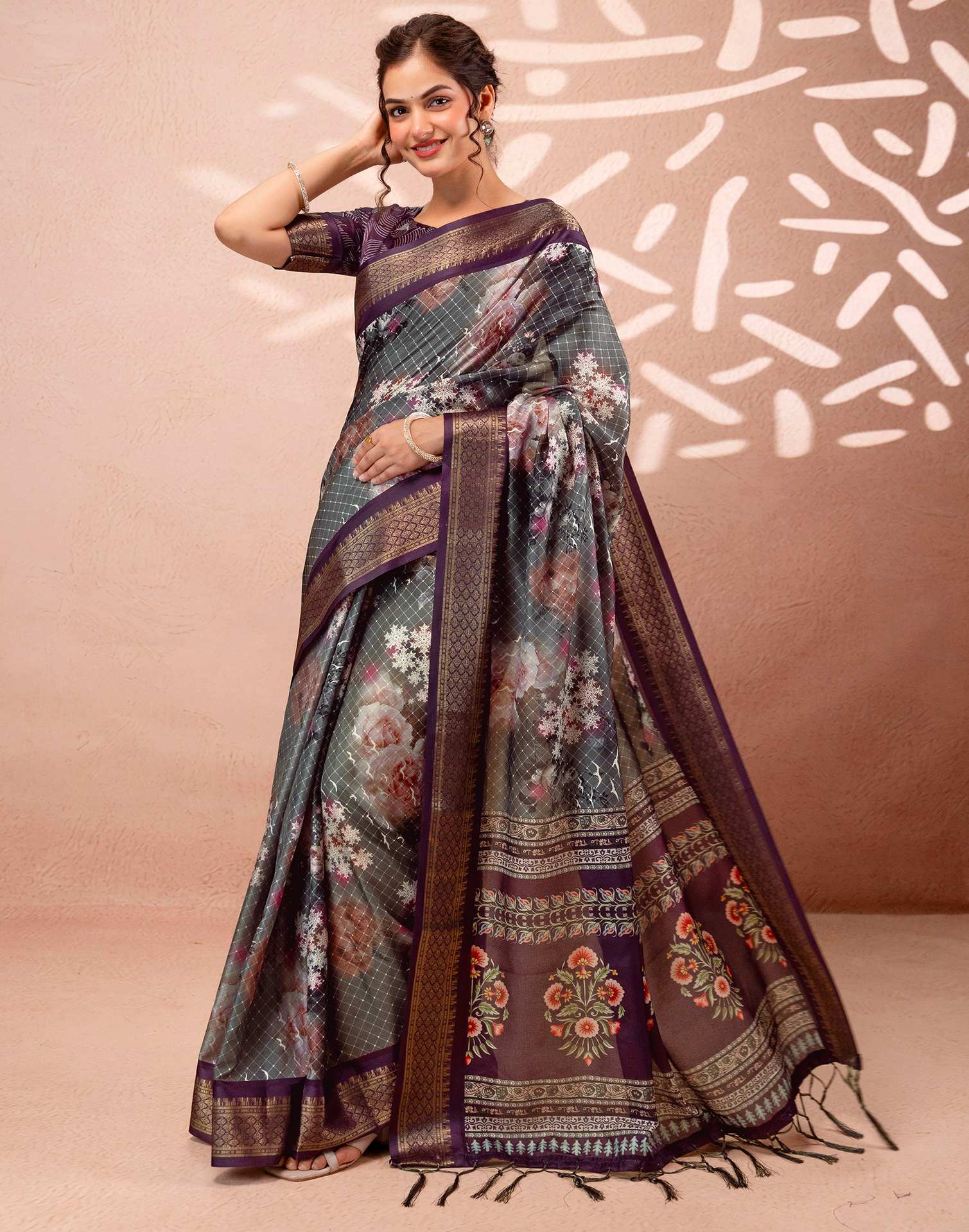 Dark Grey Silk Printed Woven Border Saree
