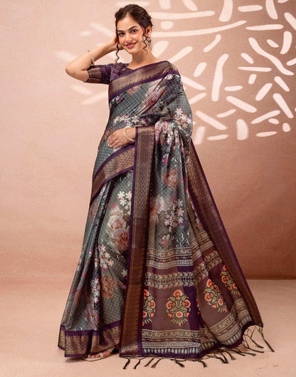 Dark Grey Silk Printed Woven Border Saree