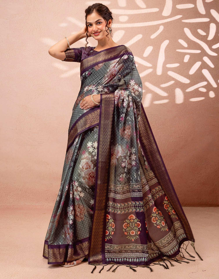 Dark Grey Silk Printed Woven Border Saree