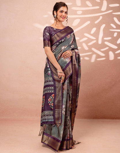 Dark Grey Silk Printed Woven Border Saree