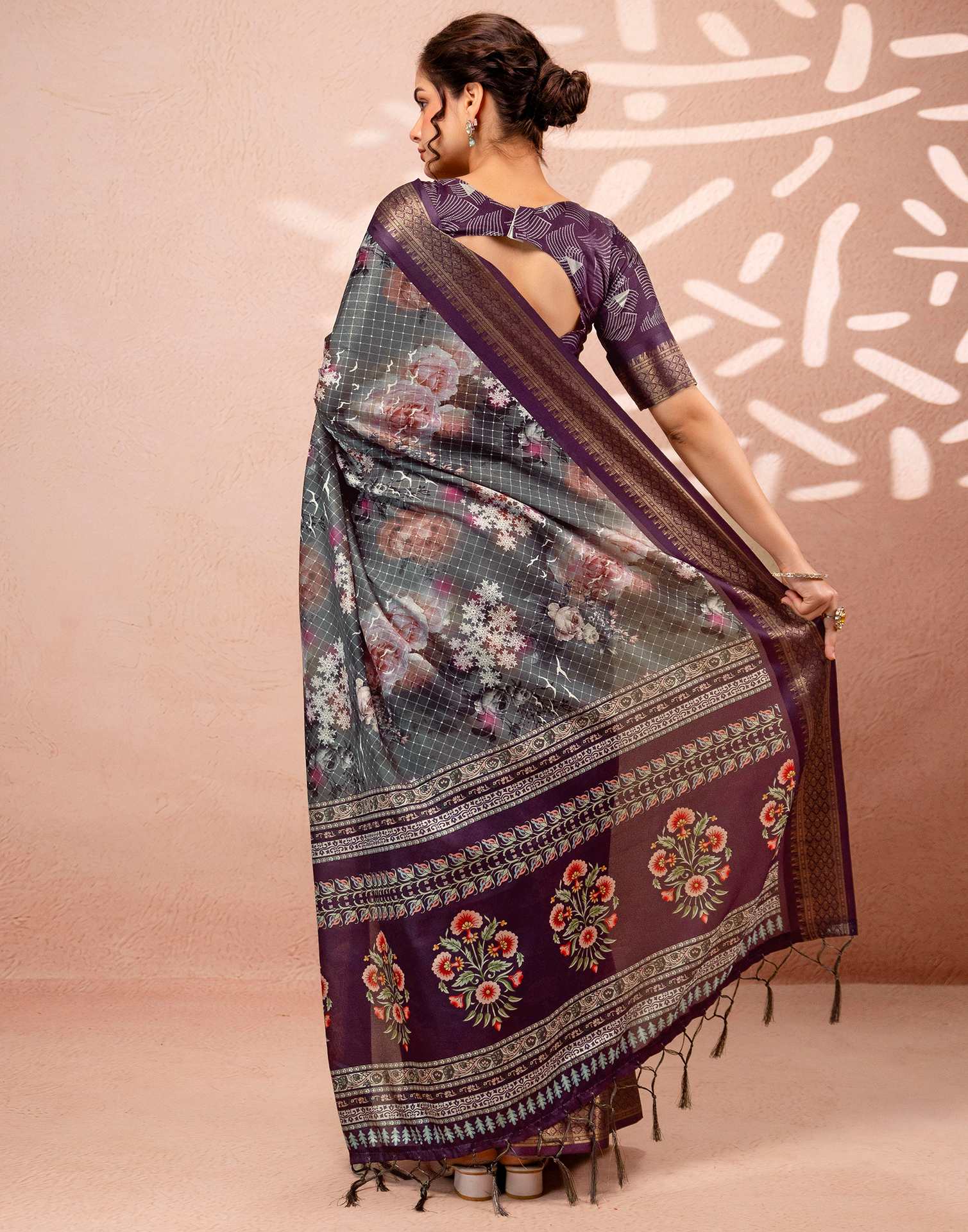 Dark Grey Silk Printed Woven Border Saree