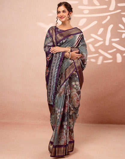 Dark Grey Silk Printed Woven Border Saree