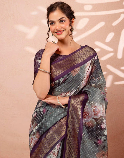 Dark Grey Silk Printed Woven Border Saree