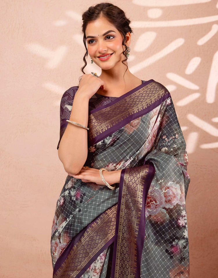 Dark Grey Silk Printed Woven Border Saree