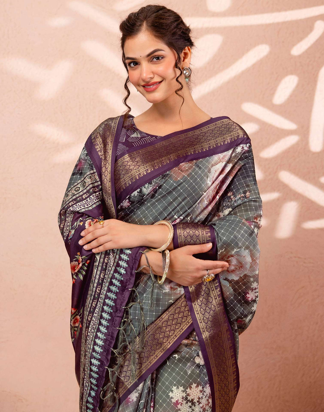 Dark Grey Silk Printed Woven Border Saree