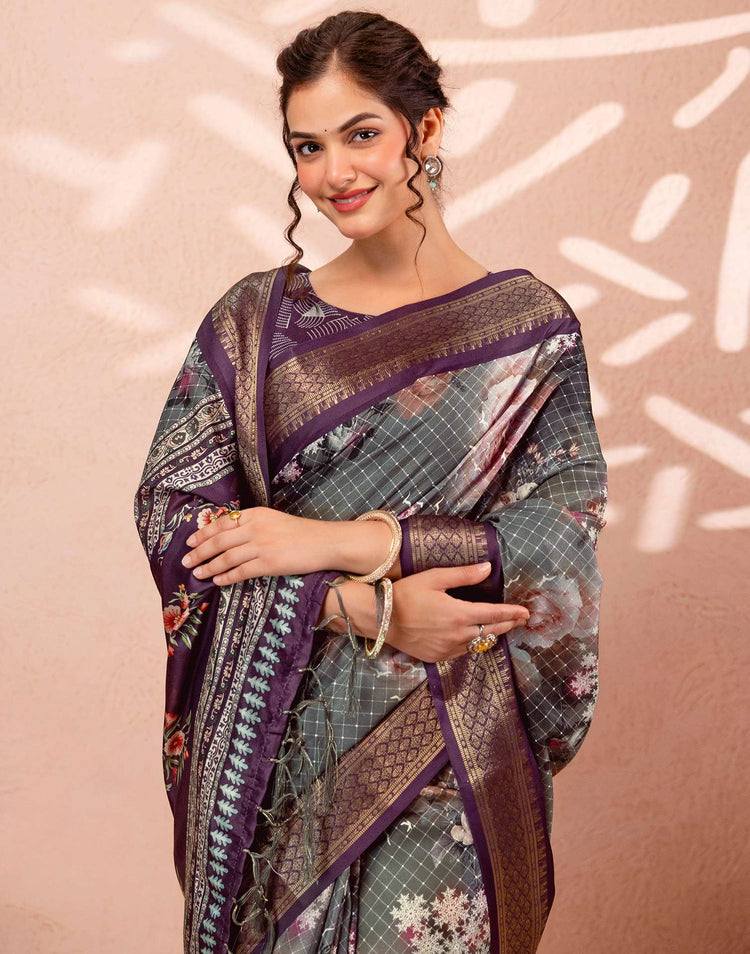 Dark Grey Silk Printed Woven Border Saree