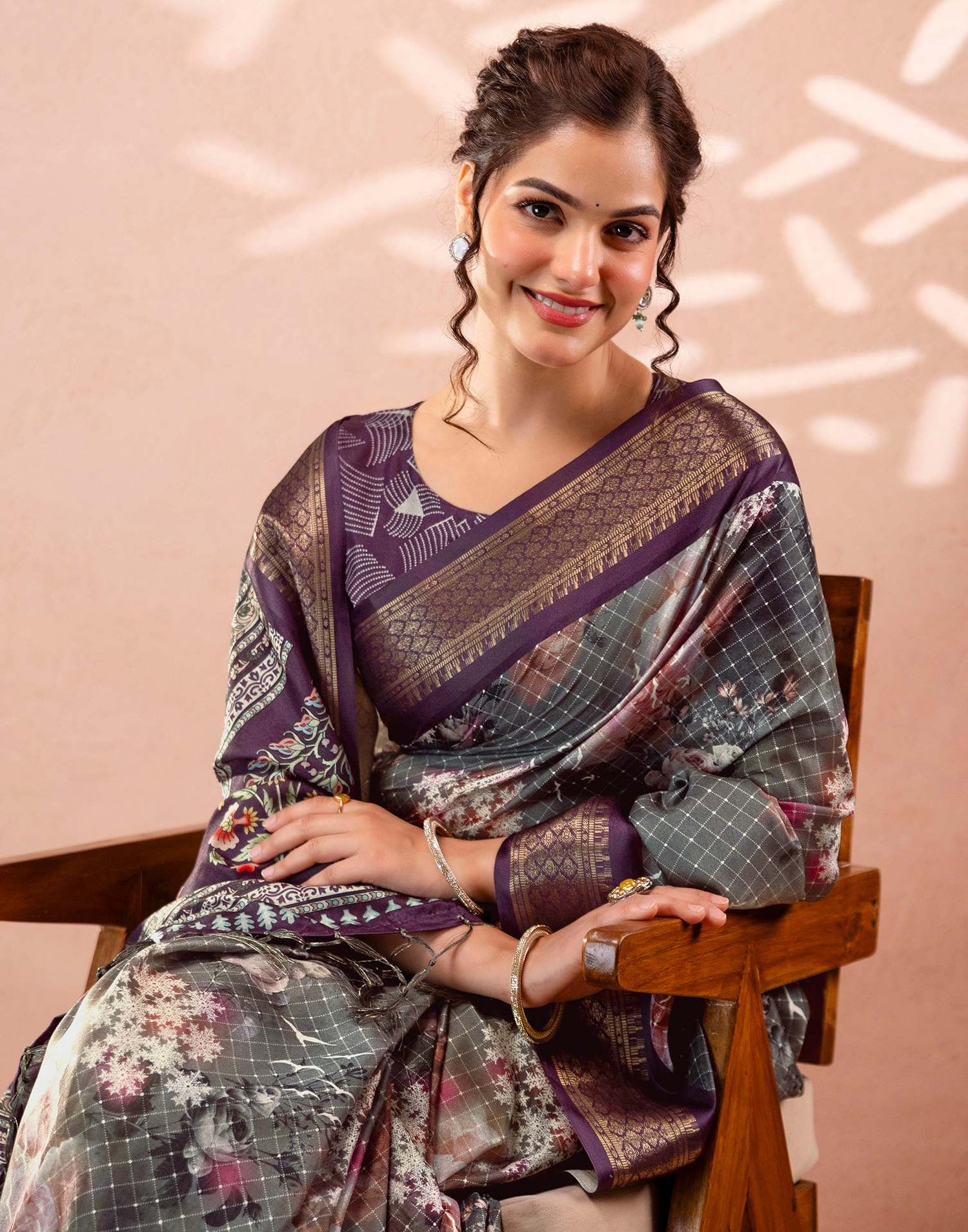 Dark Grey Silk Printed Woven Border Saree