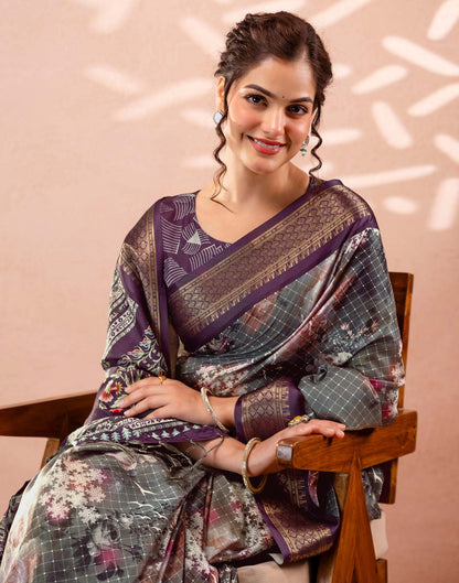 Dark Grey Silk Printed Woven Border Saree
