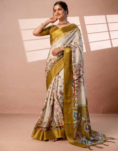 Beige Silk Kalamkari Printed Woven Border Saree