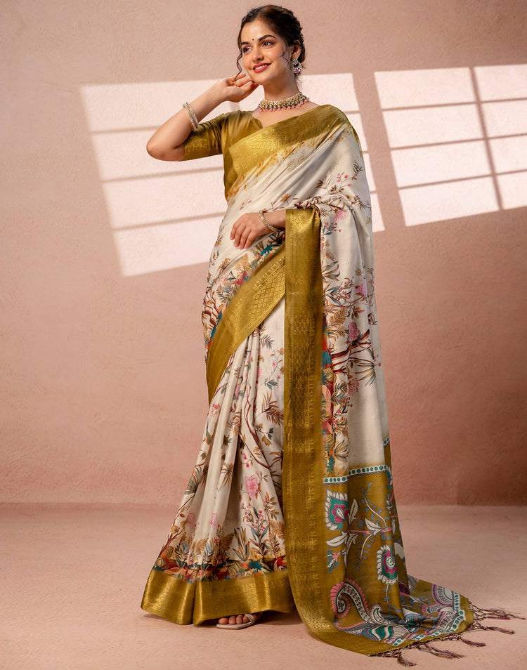 Beige Silk Kalamkari Printed Woven Border Saree