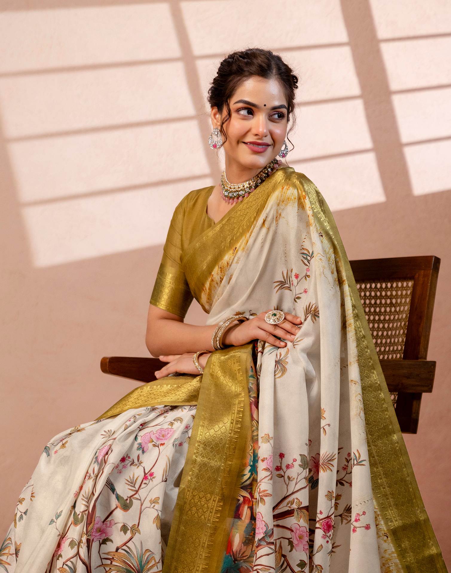Beige Silk Kalamkari Printed Woven Border Saree