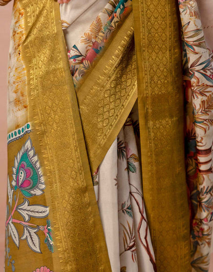 Beige Silk Kalamkari Printed Woven Border Saree