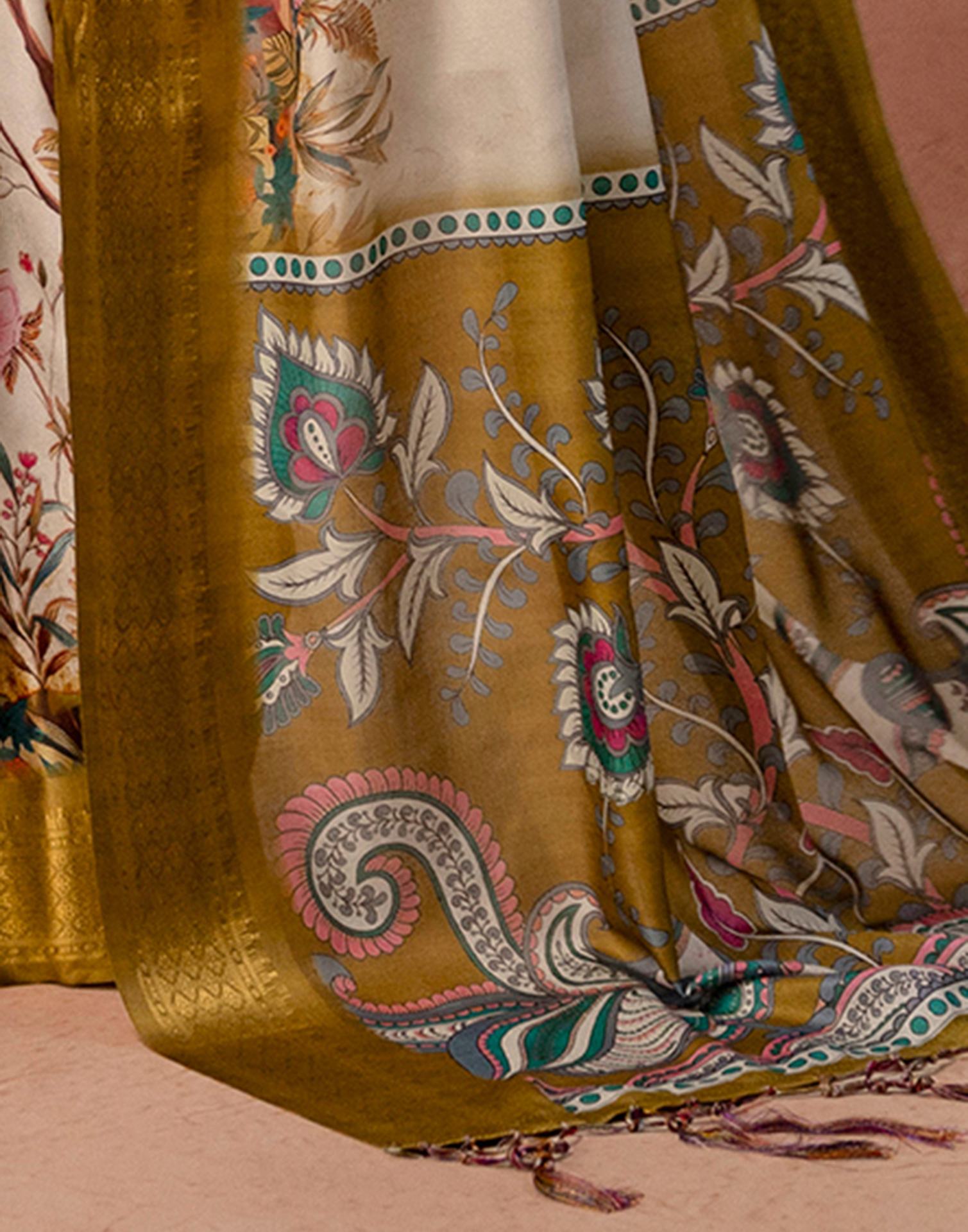 Beige Silk Kalamkari Printed Woven Border Saree