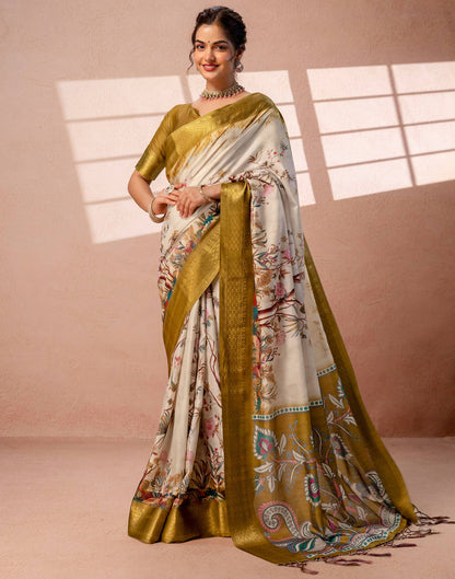 Beige Silk Kalamkari Printed Woven Border Saree