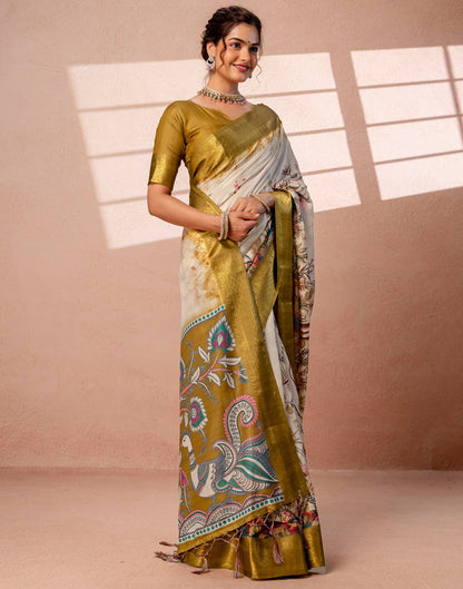 Beige Silk Kalamkari Printed Woven Border Saree