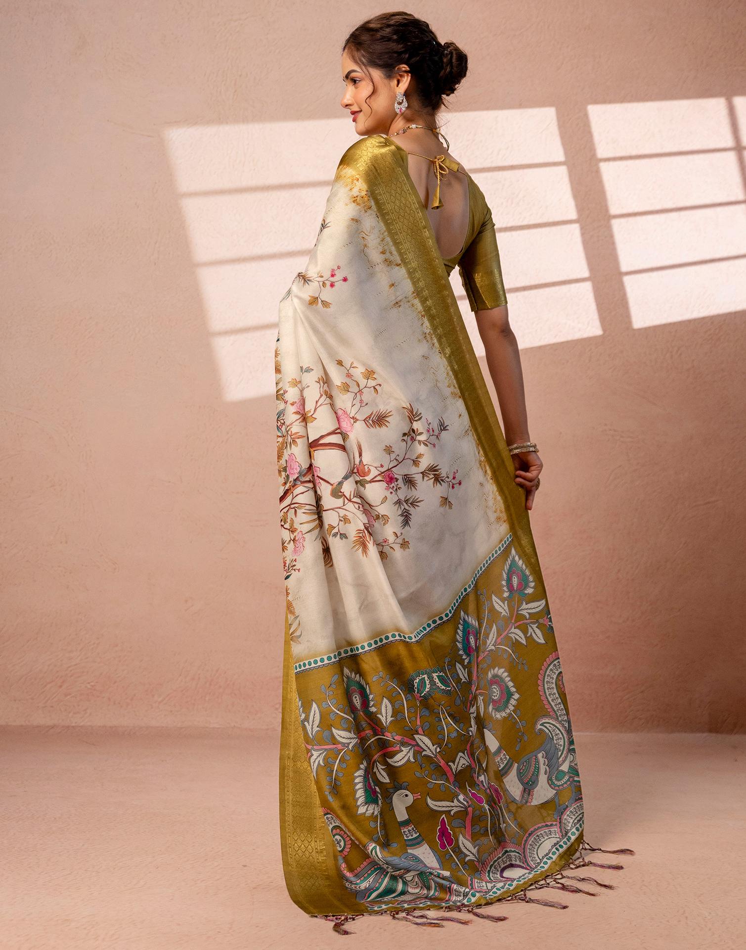 Beige Silk Kalamkari Printed Woven Border Saree