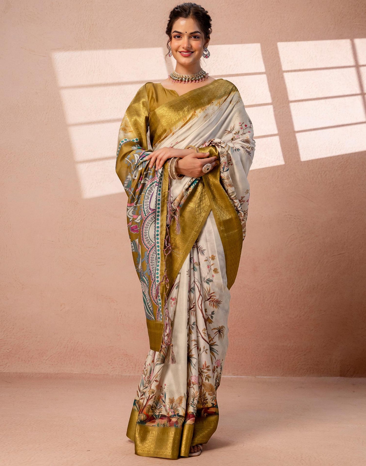 Beige Silk Kalamkari Printed Woven Border Saree