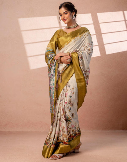 Beige Silk Kalamkari Printed Woven Border Saree