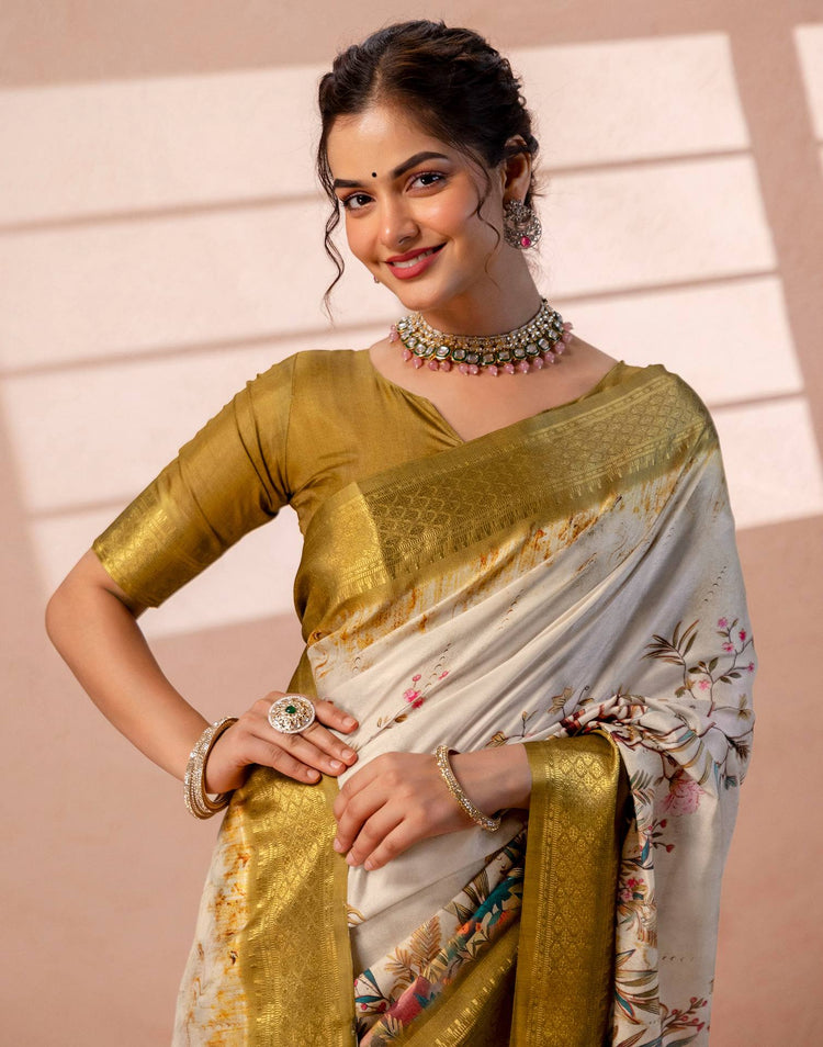 Beige Silk Kalamkari Printed Woven Border Saree